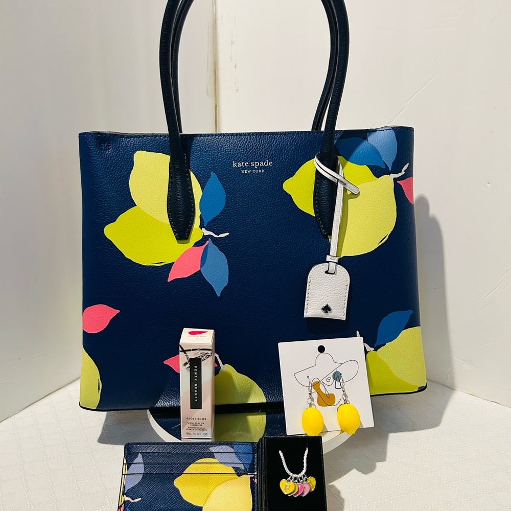 Kate Spade Lemon NWOT Tote  design bag .Card holder , Fenty Beauty Gloss Bomb